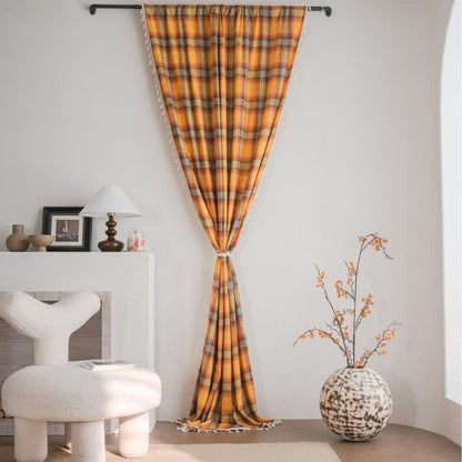 Ownkoti Farmhouse Style Orange Plaid Tassel Curtain - image 0