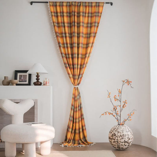 Ownkoti Farmhouse Style Orange Plaid Tassel Curtain - image 0