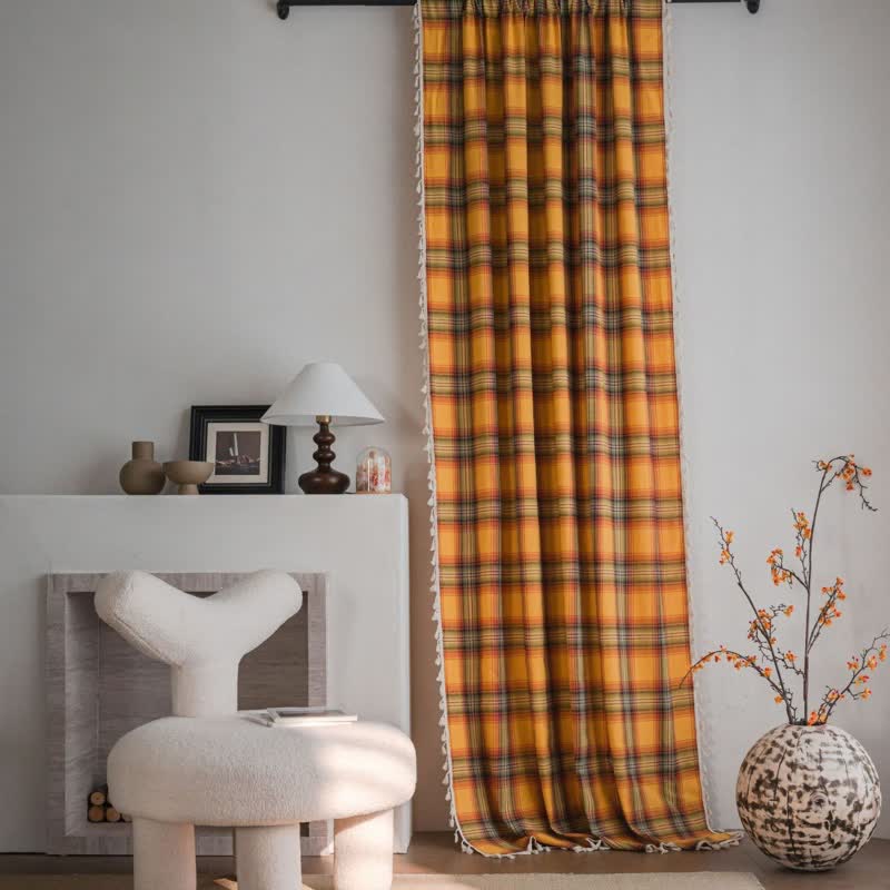 Ownkoti Farmhouse Style Orange Plaid Tassel Curtain - image 2