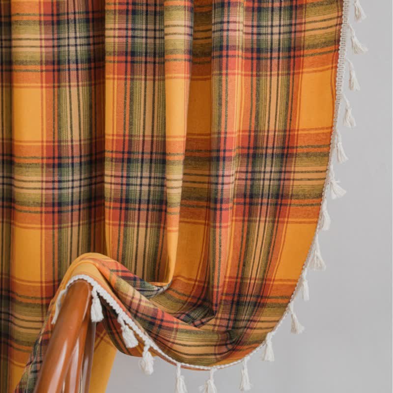 Ownkoti Farmhouse Style Orange Plaid Tassel Curtain - image 3