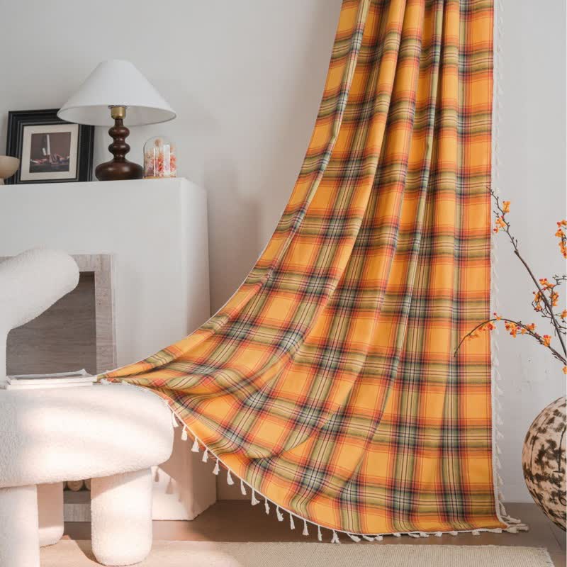 Ownkoti Farmhouse Style Orange Plaid Tassel Curtain - Grommet - 59" x 110" - image 1