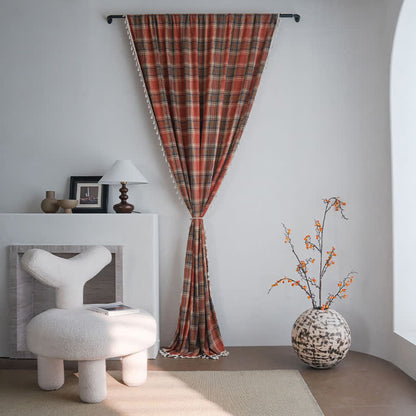 Ownkoti Farmhouse Style Rust Red Plaid Tassel Curtain - image 0