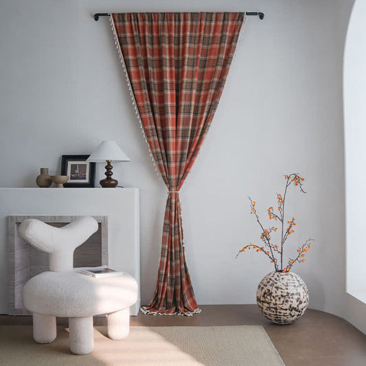 Ownkoti Farmhouse Style Rust Red Plaid Tassel Curtain - image 0