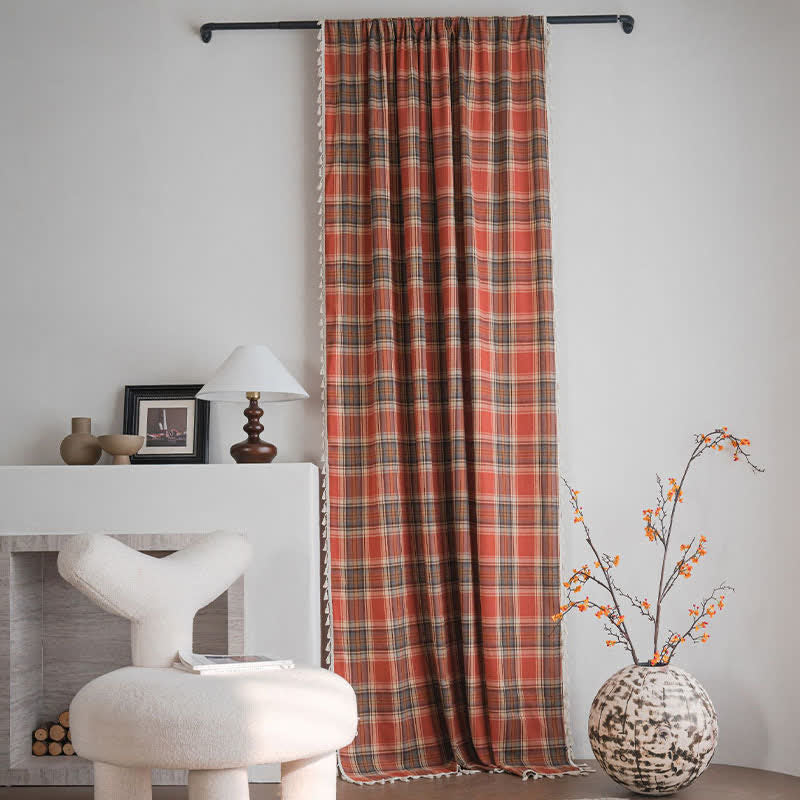 Ownkoti Farmhouse Style Rust Red Plaid Tassel Curtain - image 2