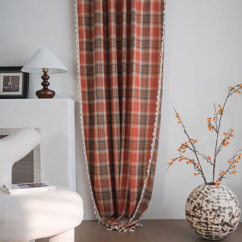 Ownkoti Farmhouse Style Rust Red Plaid Tassel Curtain - image 5