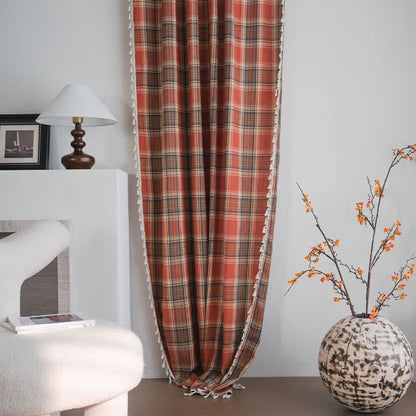 Ownkoti Farmhouse Style Rust Red Plaid Tassel Curtain - image 5