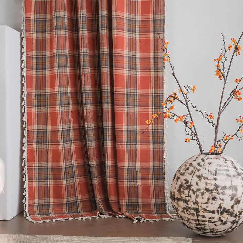 Ownkoti Farmhouse Style Rust Red Plaid Tassel Curtain - image 3