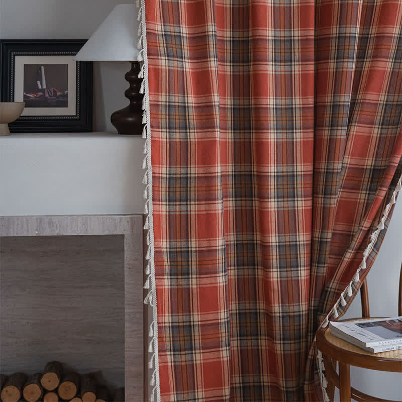 Ownkoti Farmhouse Style Rust Red Plaid Tassel Curtain - image 8