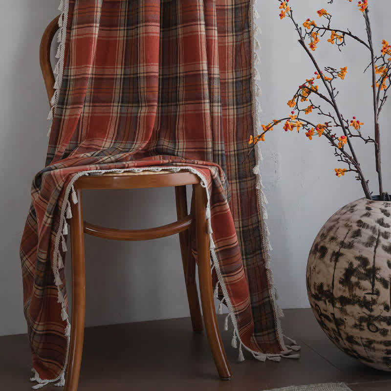 Ownkoti Farmhouse Style Rust Red Plaid Tassel Curtain - image 7