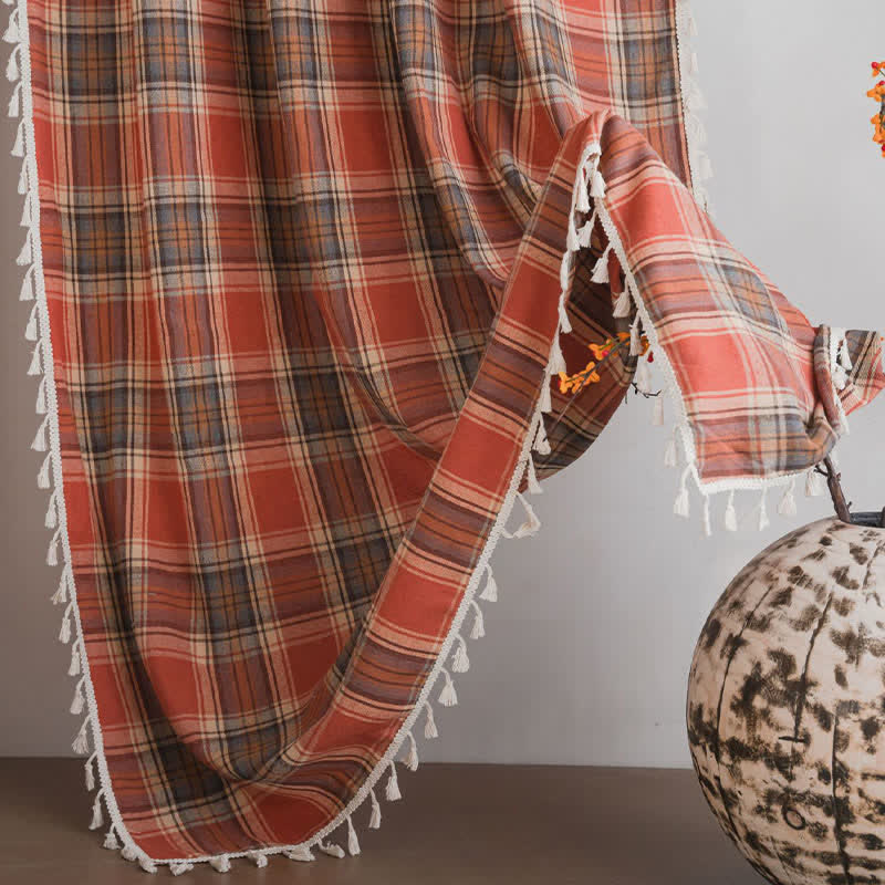 Ownkoti Farmhouse Style Rust Red Plaid Tassel Curtain - image 6