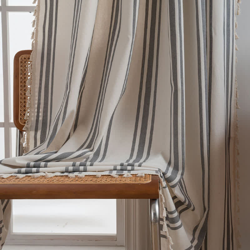Ownkoti Gray & White Stripe Tassel Curtain - image 3