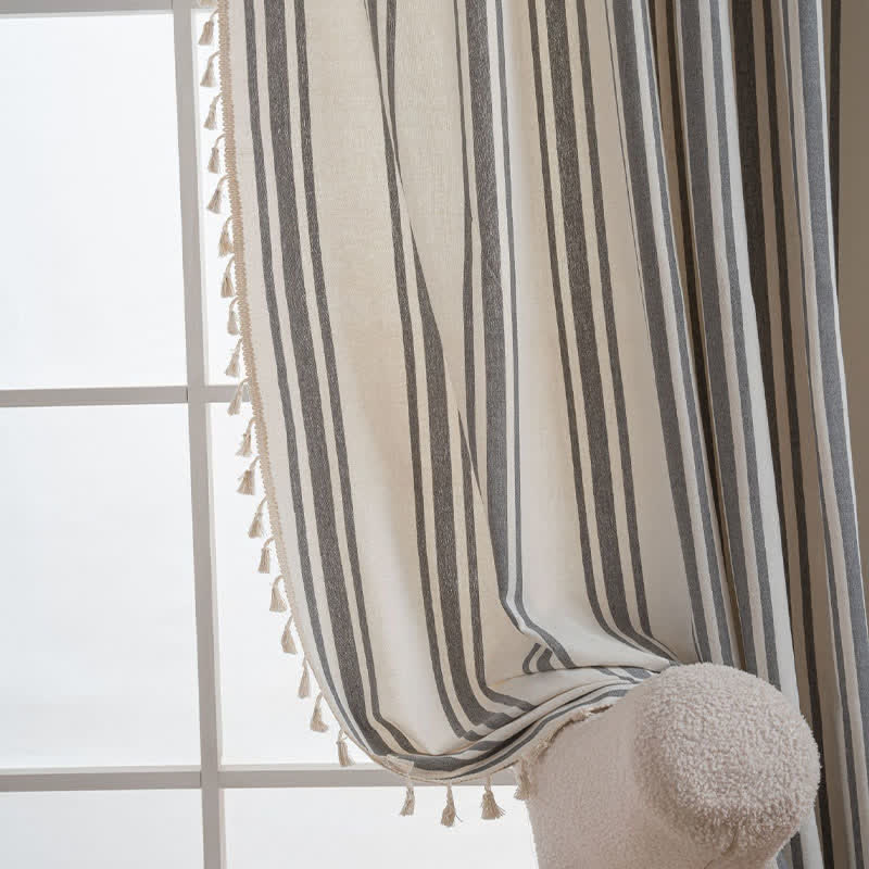 Ownkoti Gray & White Stripe Tassel Curtain - image 2
