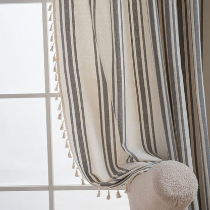 Ownkoti Gray & White Stripe Tassel Curtain - image 2