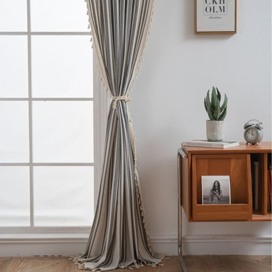 Ownkoti Gray & White Stripe Tassel Curtain - Grommet - 59" x 110" - image 0