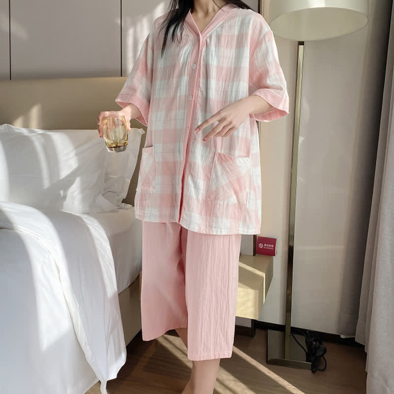 Ownkoti Plaid Cotton Gauze Button-Front Pajama Set - image 1