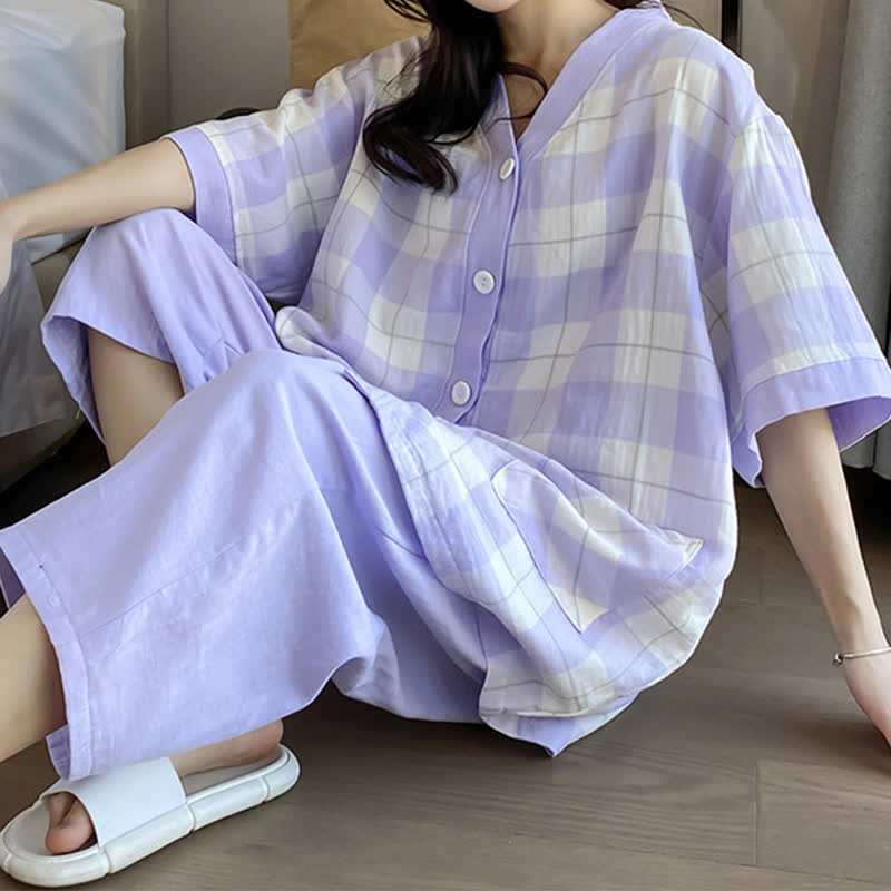 Ownkoti Plaid Cotton Gauze Button-Front Pajama Set - Purple - 5XL - image 7