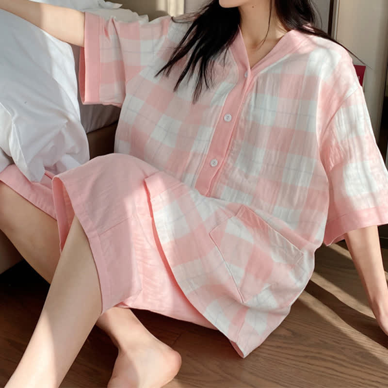 Ownkoti Plaid Cotton Gauze Button-Front Pajama Set - Pink - 5XL - image 0