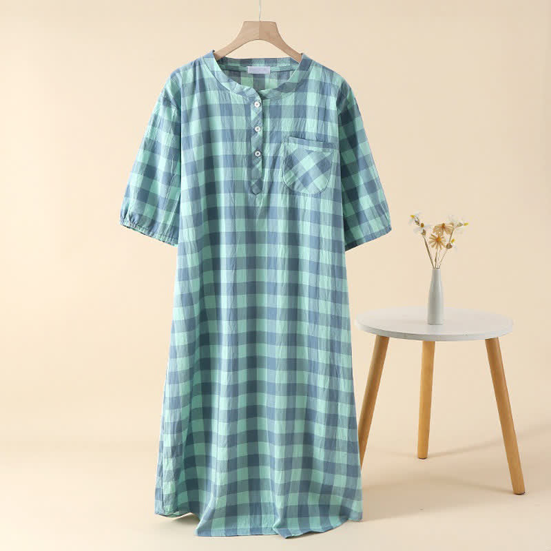 Ownkoti Plaid Cotton Gauze Nightgown with 3-Button - Green - XL - image 2
