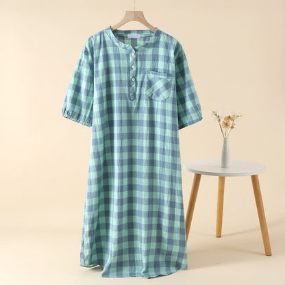 Ownkoti Plaid Cotton Gauze Nightgown with 3-Button - Green - XL - image 2