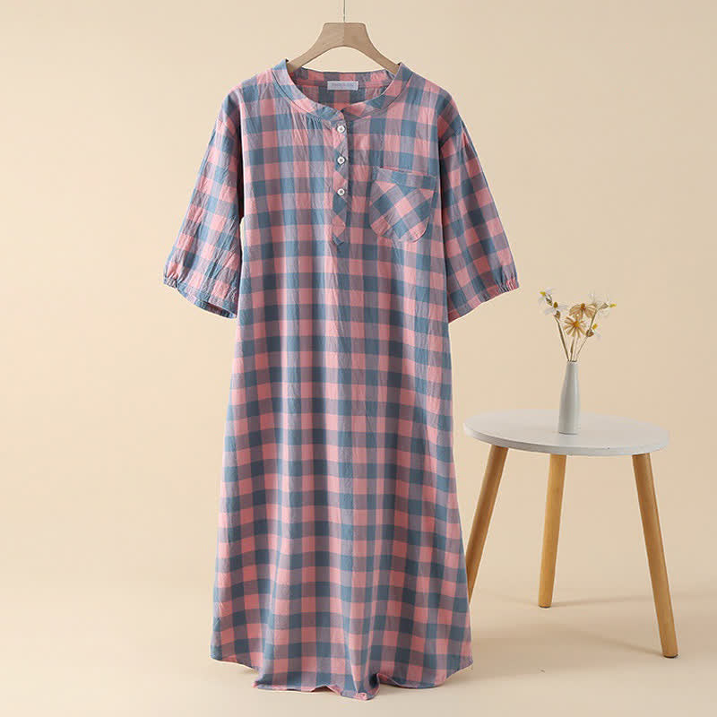 Ownkoti Plaid Cotton Gauze Nightgown with 3-Button - Pink - XL - image 0