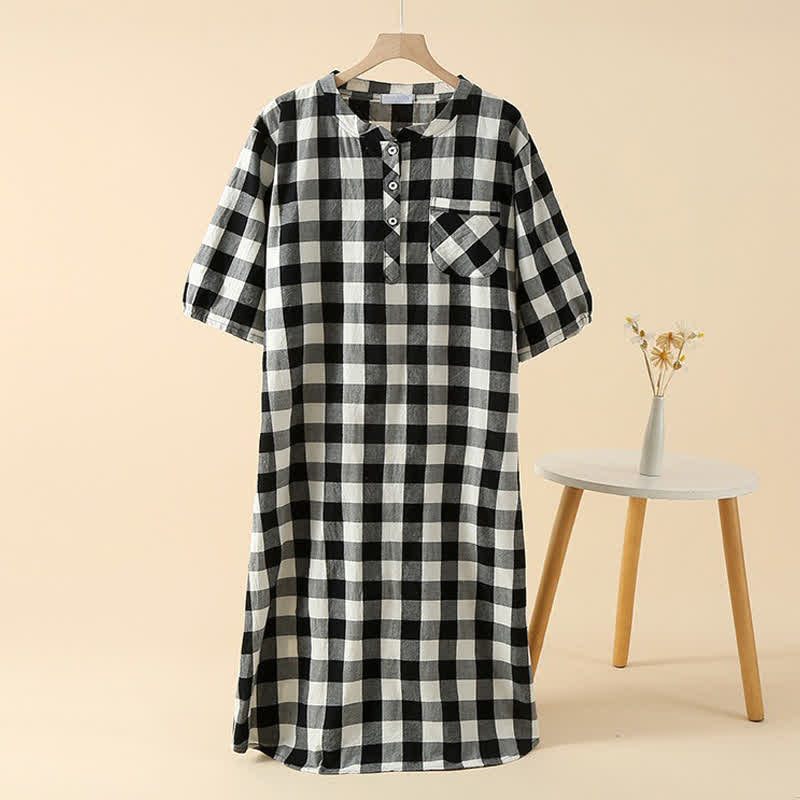 Ownkoti Plaid Cotton Gauze Nightgown with 3-Button - Gray - XL - image 3
