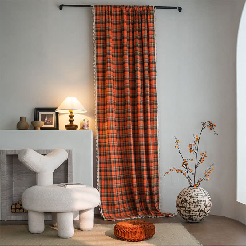 Ownkoti Bright Orange Plaid Tassel Curtain - image 0