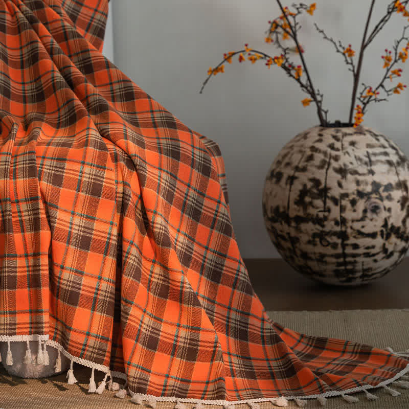 Ownkoti Bright Orange Plaid Tassel Curtain - image 10