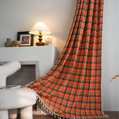 Ownkoti Bright Orange Plaid Tassel Curtain - image 1