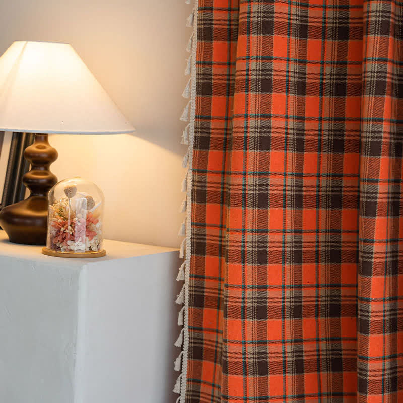Ownkoti Bright Orange Plaid Tassel Curtain - image 9