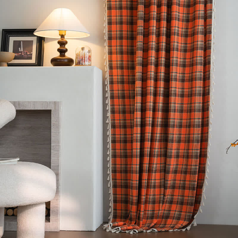 Ownkoti Bright Orange Plaid Tassel Curtain - image 3