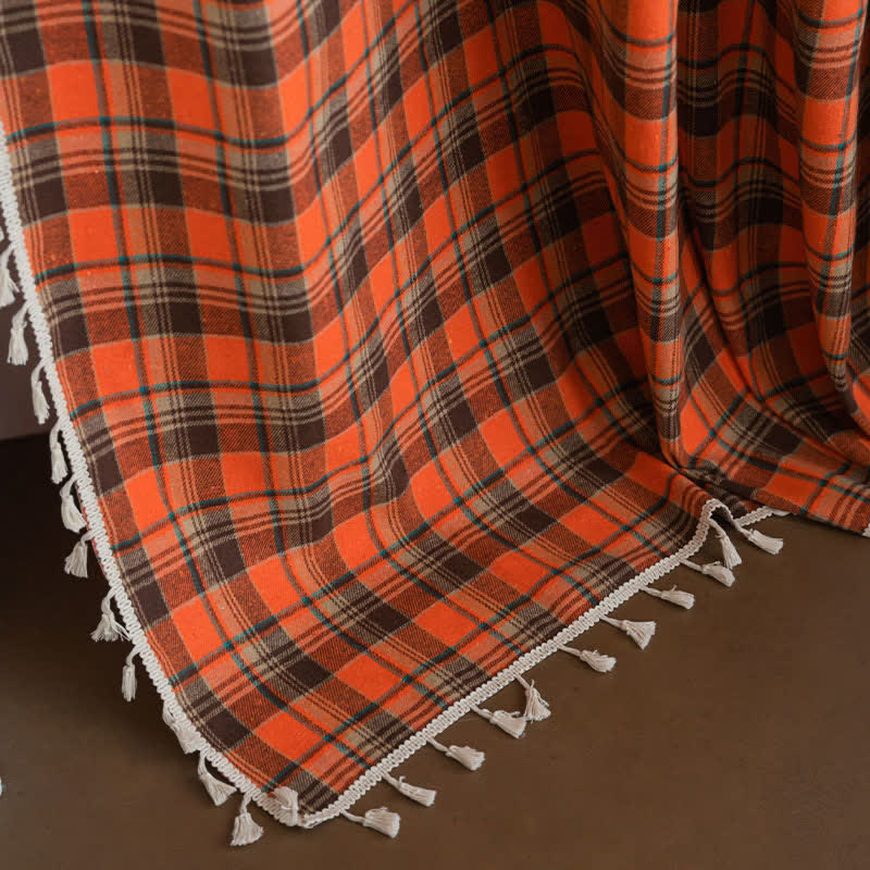Ownkoti Bright Orange Plaid Tassel Curtain - image 7