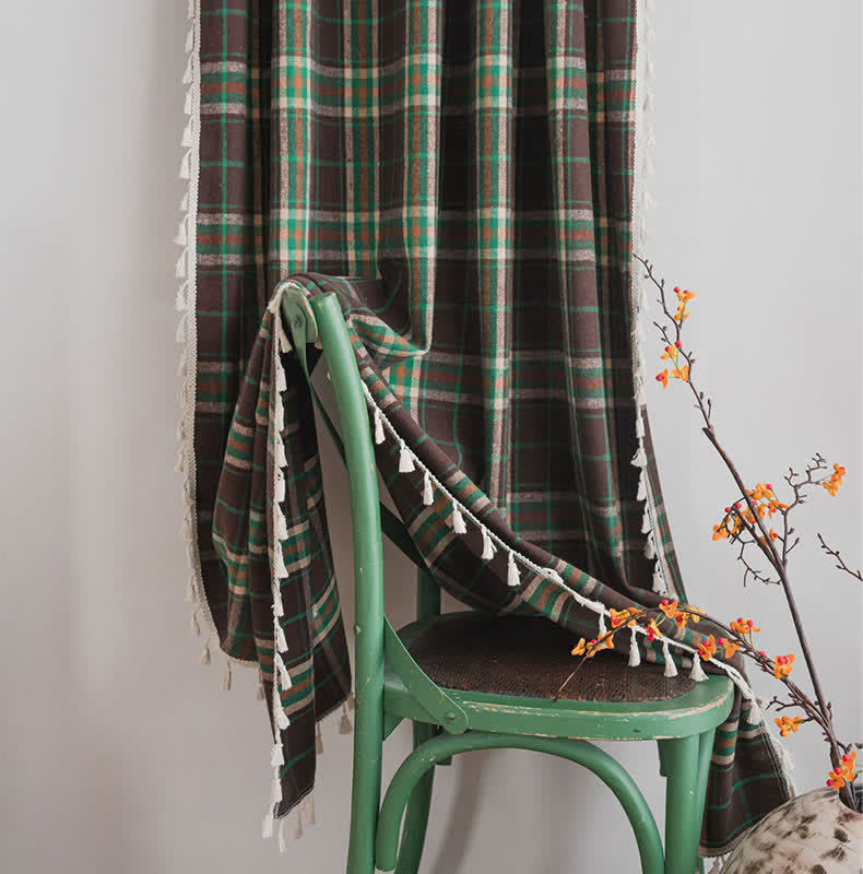 Ownkoti Vintage Style Green Plaid Tassel Curtain - image 5