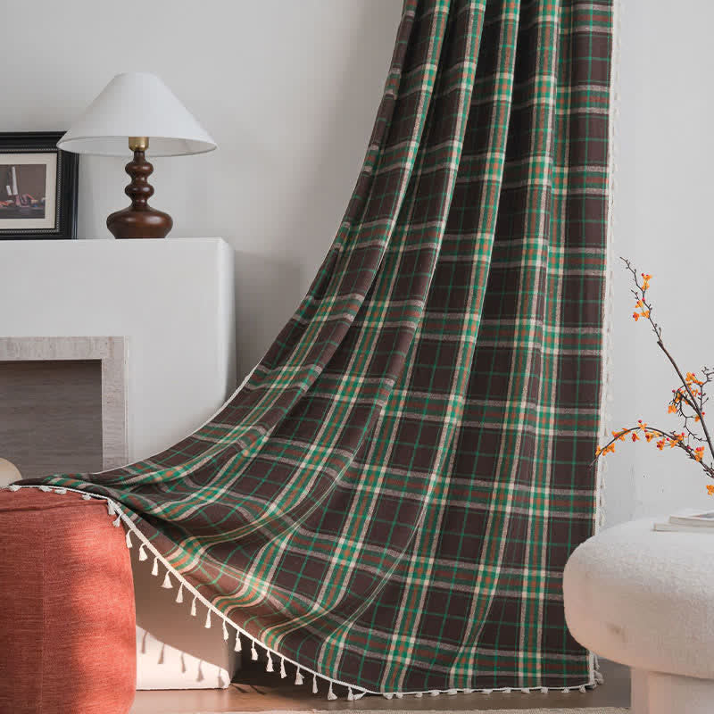 Ownkoti Vintage Style Green Plaid Tassel Curtain - image 1