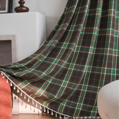 Ownkoti Vintage Style Green Plaid Tassel Curtain - image 2