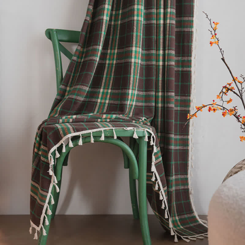 Ownkoti Vintage Style Green Plaid Tassel Curtain - image 3