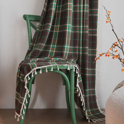 Ownkoti Vintage Style Green Plaid Tassel Curtain - image 3