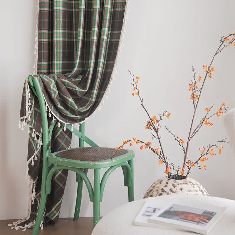 Ownkoti Vintage Style Green Plaid Tassel Curtain - image 4