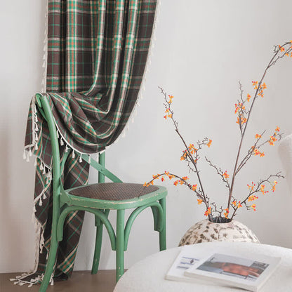 Ownkoti Vintage Style Green Plaid Tassel Curtain - image 4