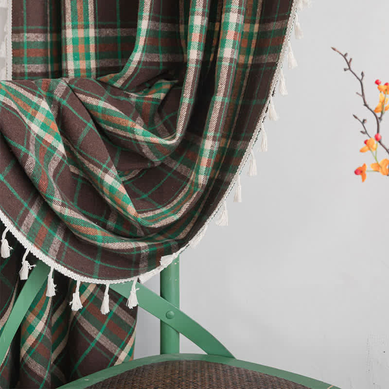 Ownkoti Vintage Style Green Plaid Tassel Curtain - image 9