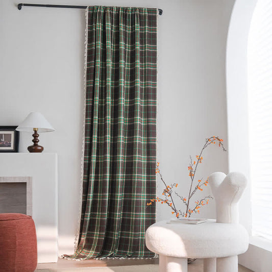 Ownkoti Vintage Style Green Plaid Tassel Curtain - Grommet - 59" x 110" - image 0