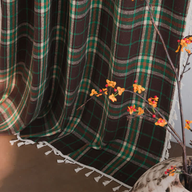 Ownkoti Vintage Style Green Plaid Tassel Curtain - image 7
