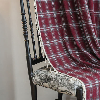 Ownkoti Vintage Style Burgundy Plaid Tassel Curtain - image 8
