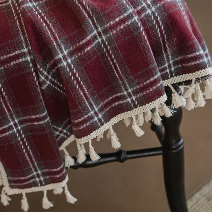 Ownkoti Vintage Style Burgundy Plaid Tassel Curtain - image 11