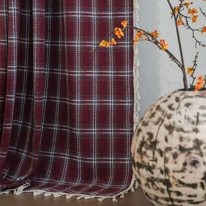 Ownkoti Vintage Style Burgundy Plaid Tassel Curtain - image 7