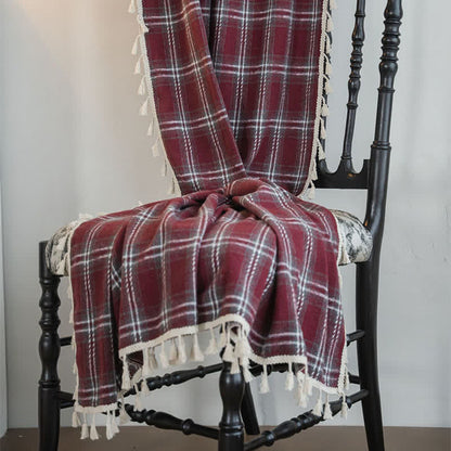 Ownkoti Vintage Style Burgundy Plaid Tassel Curtain - image 6