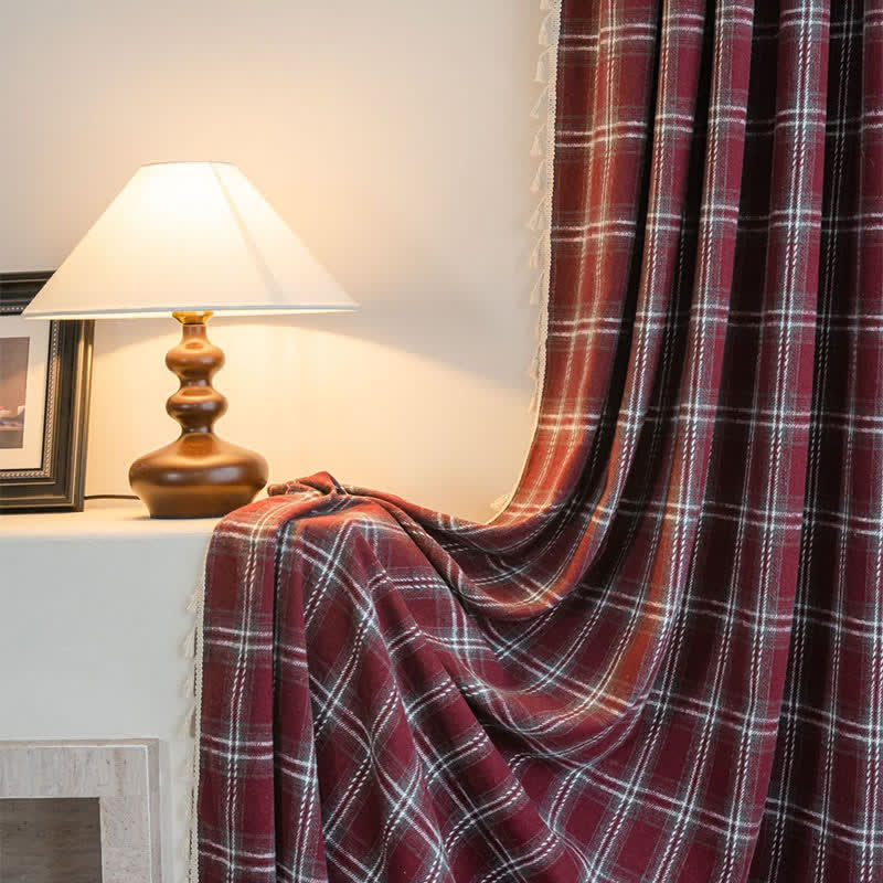 Ownkoti Vintage Style Burgundy Plaid Tassel Curtain - image 4