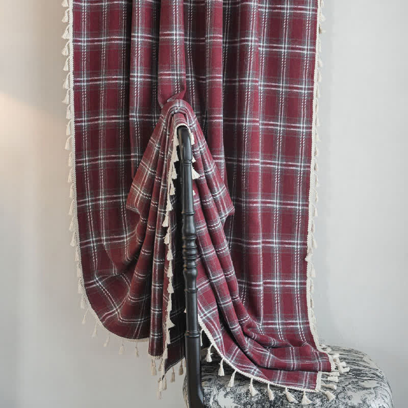 Ownkoti Vintage Style Burgundy Plaid Tassel Curtain - image 5