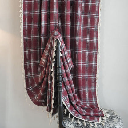 Ownkoti Vintage Style Burgundy Plaid Tassel Curtain - image 5