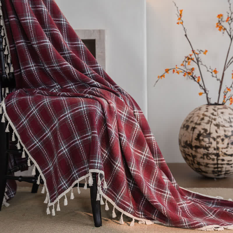 Ownkoti Vintage Style Burgundy Plaid Tassel Curtain - image 3