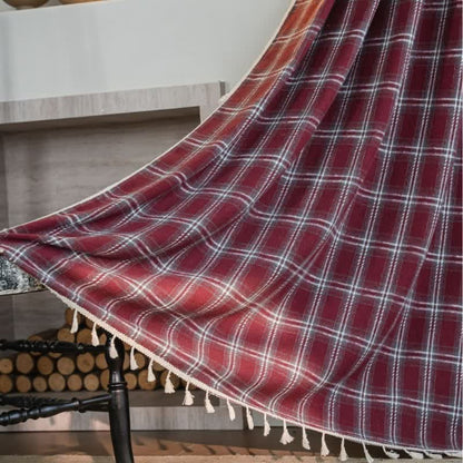 Ownkoti Vintage Style Burgundy Plaid Tassel Curtain - image 2